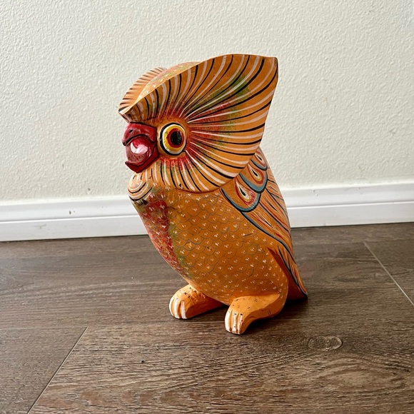 Colorful Hand-Painted wooden Owl Figurine 10 inches tall - Picture 3 of 9